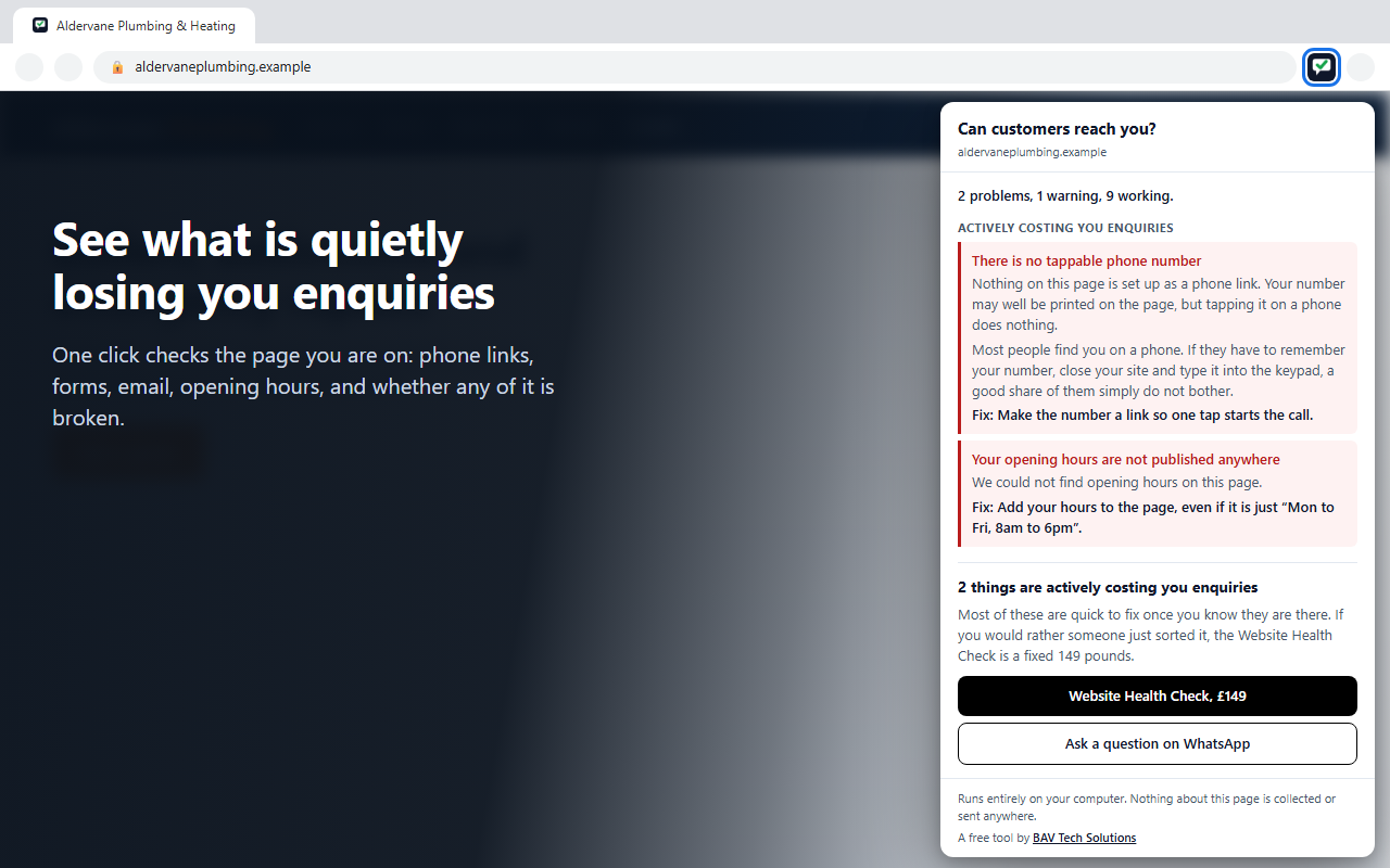 The extension popup showing a website's contact problems: no tappable phone number and no published opening hours, each with a plain English explanation and fix